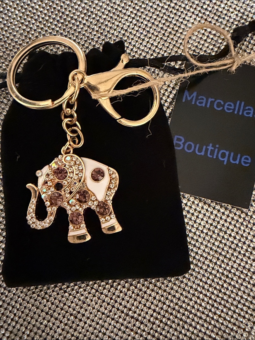 Gold Elephant Key & Card Holder Charm - White and Brown Crystal
